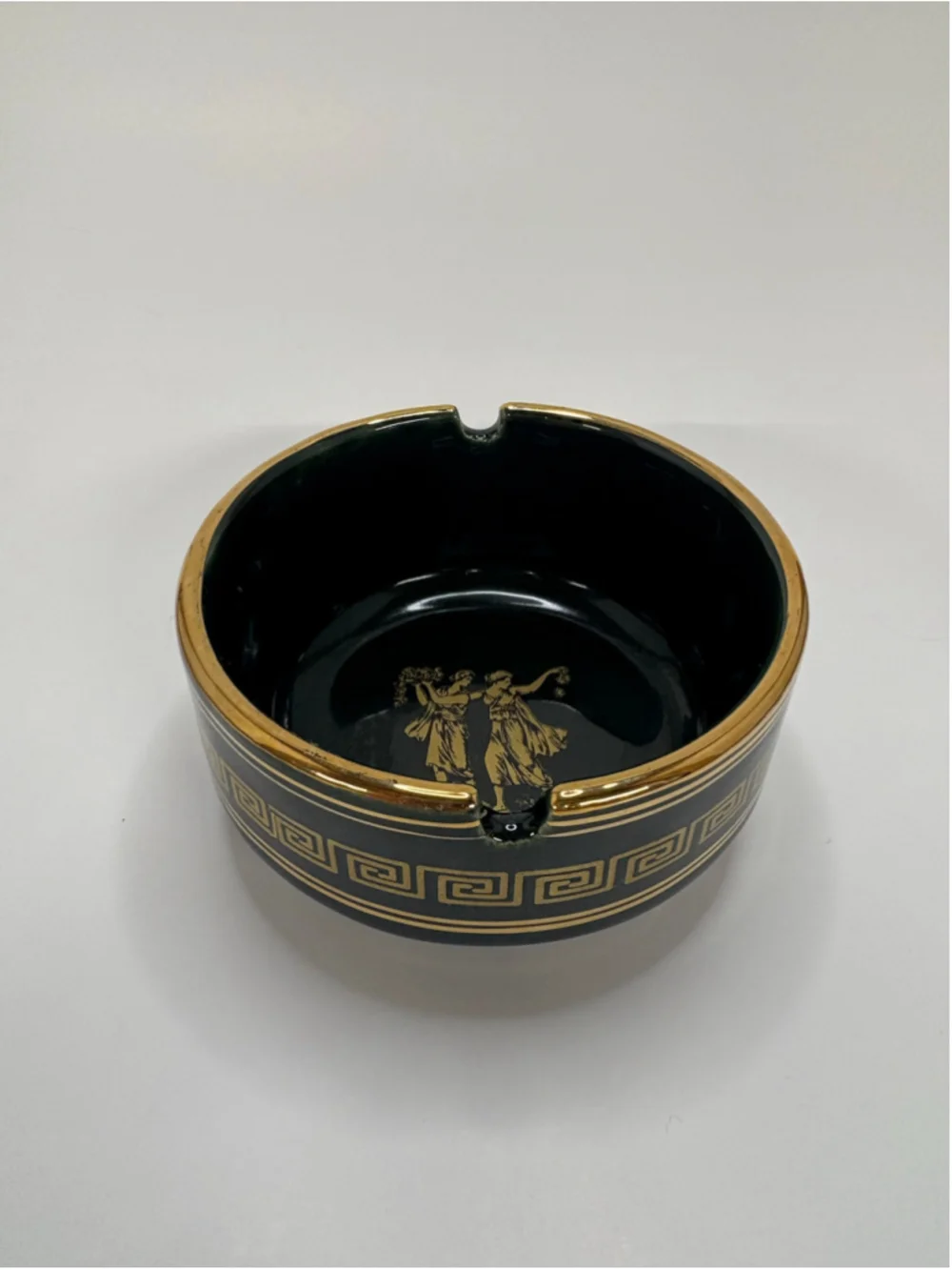 Dakas Keramik 24k Gold Greek Key Ashtray Green and Gold